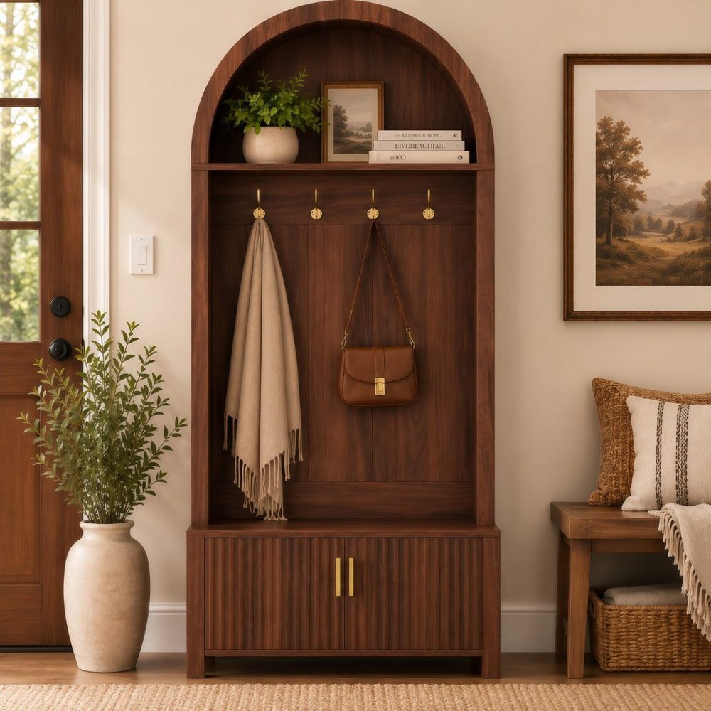 English Elm Arched Hall Tree Farmhouse Entryway Organizer with Bench Fluted Cabinet and Coat Hooks W5271P499180