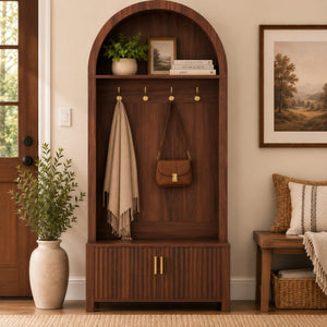 English Elm Arched Hall Tree Farmhouse Entryway Organizer with Bench Fluted Cabinet and Coat Hooks W5271P499180