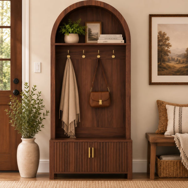 English Elm Arched Hall Tree Farmhouse Entryway Organizer with Bench Fluted Cabinet and Coat Hooks W5271P499180