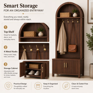 English Elm Arched Hall Tree Farmhouse Entryway Organizer with Bench Fluted Cabinet and Coat Hooks W5271P499180