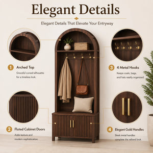 English Elm Arched Hall Tree Farmhouse Entryway Organizer with Bench Fluted Cabinet and Coat Hooks W5271P499180