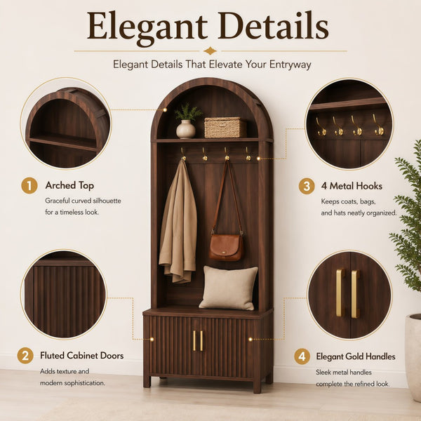 English Elm Arched Hall Tree Farmhouse Entryway Organizer with Bench Fluted Cabinet and Coat Hooks W5271P499180