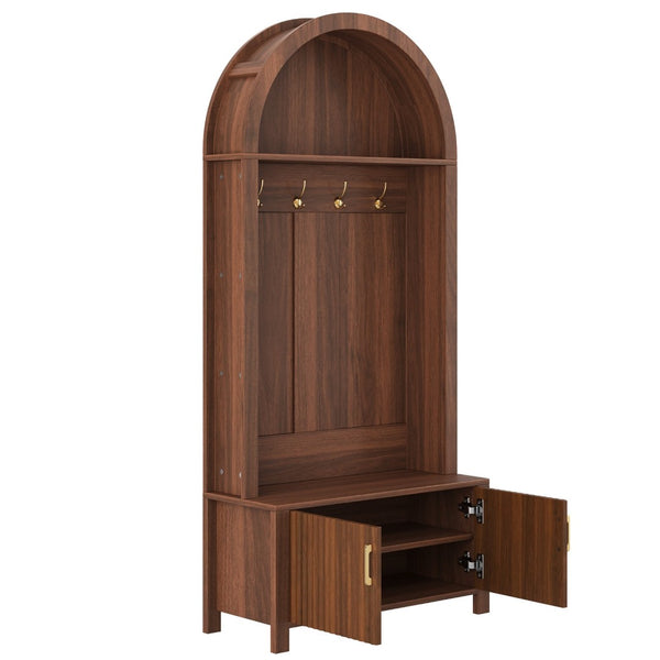 English Elm Arched Hall Tree Farmhouse Entryway Organizer with Bench Fluted Cabinet and Coat Hooks W5271P499180