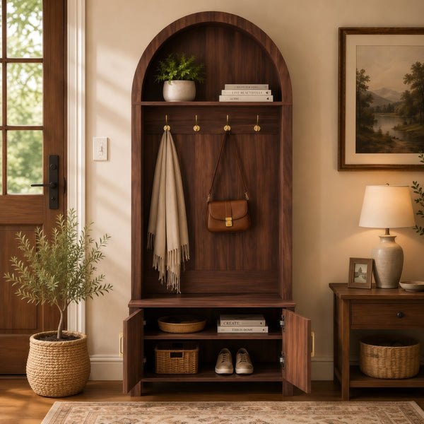 English Elm Arched Hall Tree Farmhouse Entryway Organizer with Bench Fluted Cabinet and Coat Hooks W5271P499180