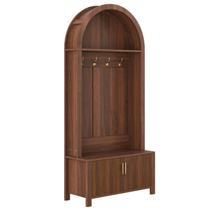 English Elm Arched Hall Tree Farmhouse Entryway Organizer with Bench Fluted Cabinet and Coat Hooks W5271P499180