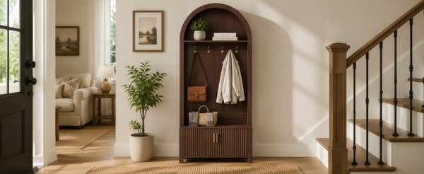 English Elm Arched Hall Tree Farmhouse Entryway Organizer with Bench Fluted Cabinet and Coat Hooks W5271P499180