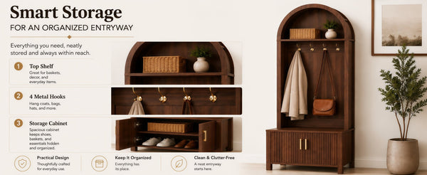 English Elm Arched Hall Tree Farmhouse Entryway Organizer with Bench Fluted Cabinet and Coat Hooks W5271P499180