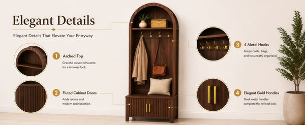 English Elm Arched Hall Tree Farmhouse Entryway Organizer with Bench Fluted Cabinet and Coat Hooks W5271P499180