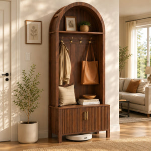 English Elm Arched Hall Tree Farmhouse Entryway Organizer with Bench Fluted Cabinet and Coat Hooks W5271P499180
