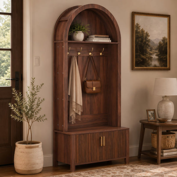 English Elm Arched Hall Tree Farmhouse Entryway Organizer with Bench Fluted Cabinet and Coat Hooks W5271P499180