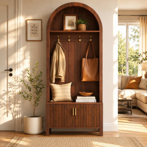 English Elm Arched Hall Tree Farmhouse Entryway Organizer with Bench Fluted Cabinet and Coat Hooks W5271P499180