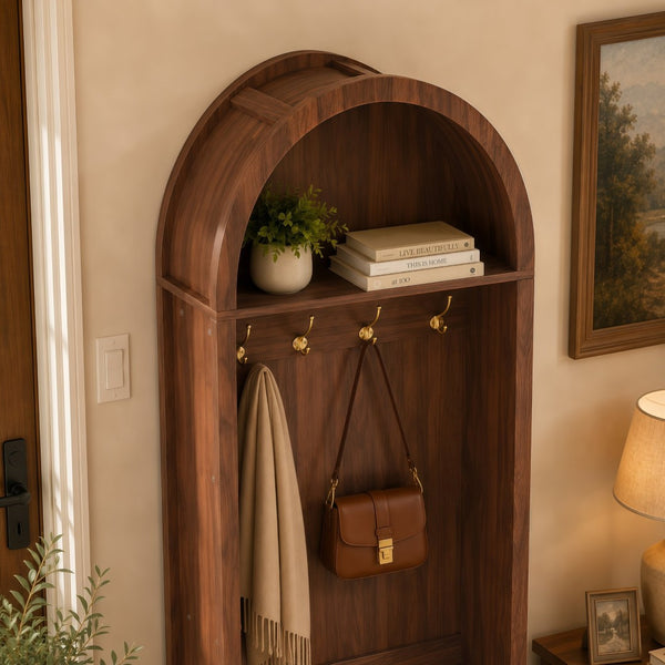 English Elm Arched Hall Tree Farmhouse Entryway Organizer with Bench Fluted Cabinet and Coat Hooks W5271P499180