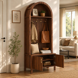 English Elm Arched Hall Tree Farmhouse Entryway Organizer with Bench Fluted Cabinet and Coat Hooks W5271P499180