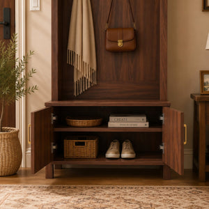 English Elm Arched Hall Tree Farmhouse Entryway Organizer with Bench Fluted Cabinet and Coat Hooks W5271P499180