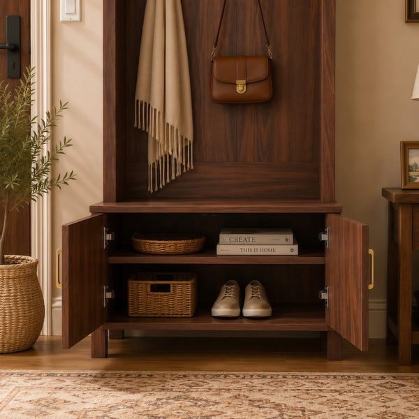 English Elm Arched Hall Tree Farmhouse Entryway Organizer with Bench Fluted Cabinet and Coat Hooks W5271P499180