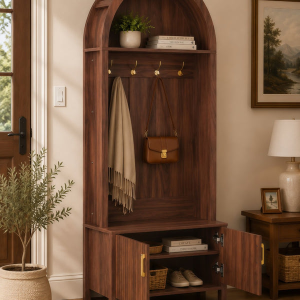 English Elm Arched Hall Tree Farmhouse Entryway Organizer with Bench Fluted Cabinet and Coat Hooks W5271P499180