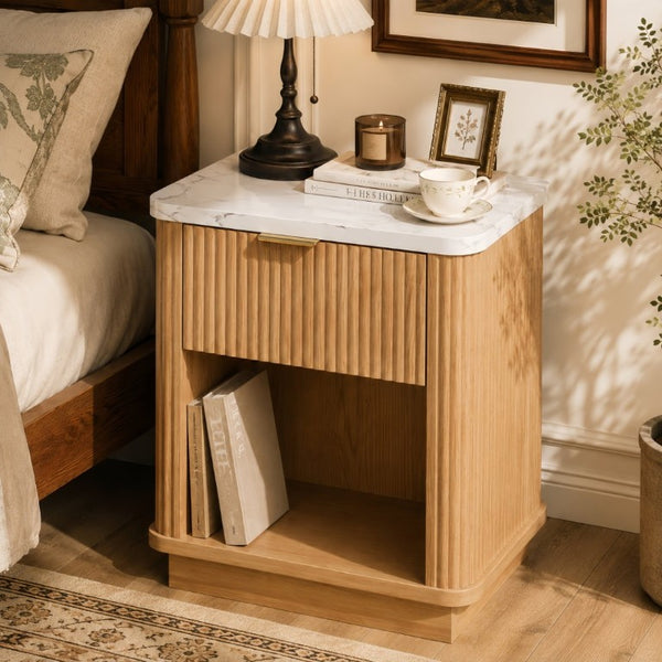 English Elm Walnut Fluted Nightstand with Marble Look Top Gold Handle Drawer and Open Shelf Natural W5271P499183