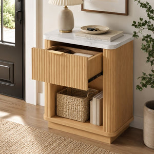 English Elm Walnut Fluted Nightstand with Marble Look Top Gold Handle Drawer and Open Shelf Natural W5271P499183