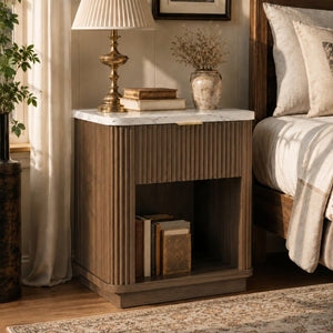 English Elm Walnut Fluted Nightstand with Marble Look Top Gold Handle Drawer and Open Shelf Walnut W5271P499184