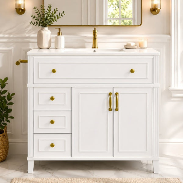 English Elm 36 Inch Freestanding Bathroom Vanity Pine Wood Cabinet with Ceramic Sink Matte Gold White W5271S00007