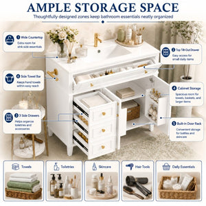 English Elm 36 Inch Freestanding Bathroom Vanity Pine Wood Cabinet with Ceramic Sink Matte Gold White W5271S00007