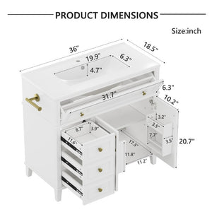 English Elm 36 Inch Freestanding Bathroom Vanity Pine Wood Cabinet with Ceramic Sink Matte Gold White W5271S00007