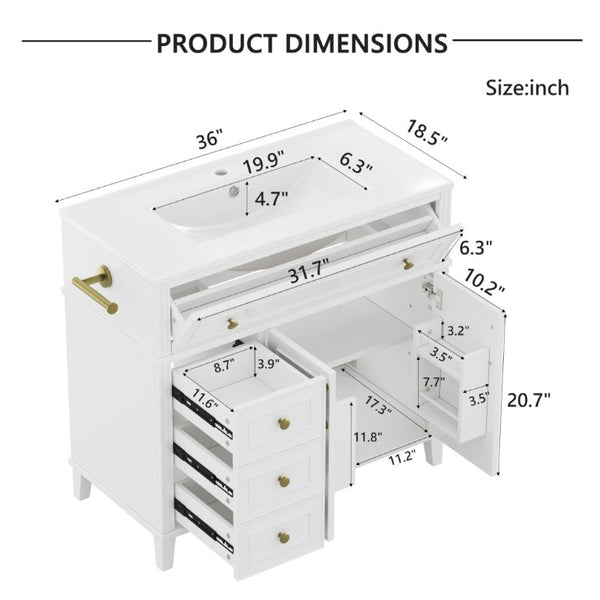 English Elm 36 Inch Freestanding Bathroom Vanity Pine Wood Cabinet with Ceramic Sink Matte Gold White W5271S00007