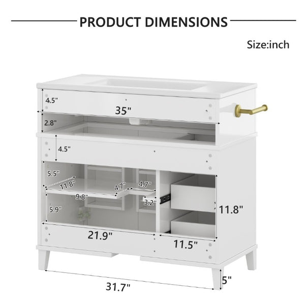 English Elm 36 Inch Freestanding Bathroom Vanity Pine Wood Cabinet with Ceramic Sink Matte Gold White W5271S00007