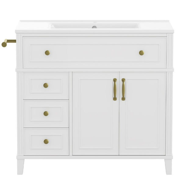 English Elm 36 Inch Freestanding Bathroom Vanity Pine Wood Cabinet with Ceramic Sink Matte Gold White W5271S00007