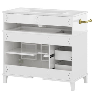 English Elm 36 Inch Freestanding Bathroom Vanity Pine Wood Cabinet with Ceramic Sink Matte Gold White W5271S00007