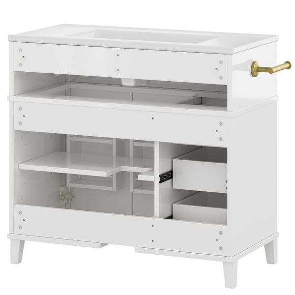 English Elm 36 Inch Freestanding Bathroom Vanity Pine Wood Cabinet with Ceramic Sink Matte Gold White W5271S00007