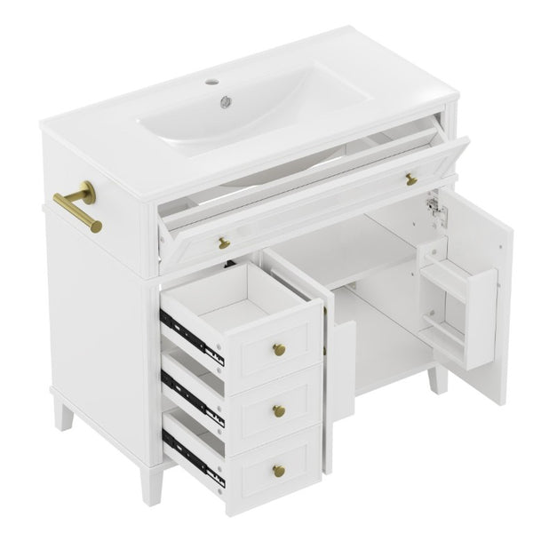 English Elm 36 Inch Freestanding Bathroom Vanity Pine Wood Cabinet with Ceramic Sink Matte Gold White W5271S00007