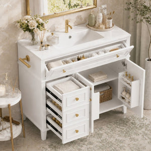 English Elm 36 Inch Freestanding Bathroom Vanity Pine Wood Cabinet with Ceramic Sink Matte Gold White W5271S00007