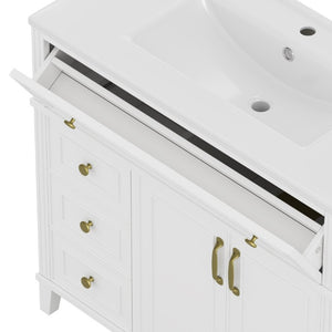 English Elm 36 Inch Freestanding Bathroom Vanity Pine Wood Cabinet with Ceramic Sink Matte Gold White W5271S00007