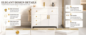 English Elm 36 Inch Freestanding Bathroom Vanity Pine Wood Cabinet with Ceramic Sink Matte Gold White W5271S00007