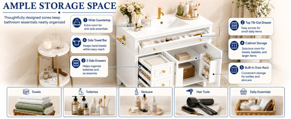 English Elm 36 Inch Freestanding Bathroom Vanity Pine Wood Cabinet with Ceramic Sink Matte Gold White W5271S00007
