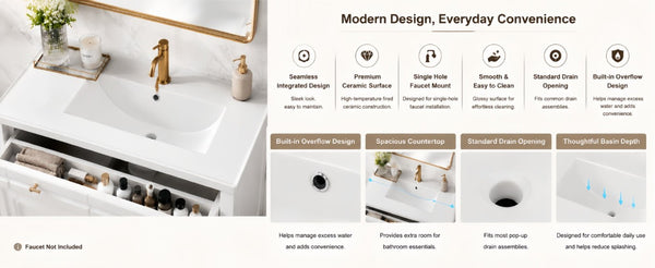 English Elm 36 Inch Freestanding Bathroom Vanity Pine Wood Cabinet with Ceramic Sink Matte Gold White W5271S00007