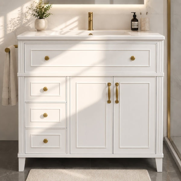 English Elm 36 Inch Freestanding Bathroom Vanity Pine Wood Cabinet with Ceramic Sink Matte Gold White W5271S00007