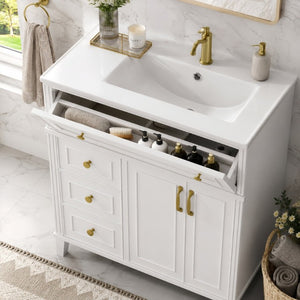 English Elm 36 Inch Freestanding Bathroom Vanity Pine Wood Cabinet with Ceramic Sink Matte Gold White W5271S00007