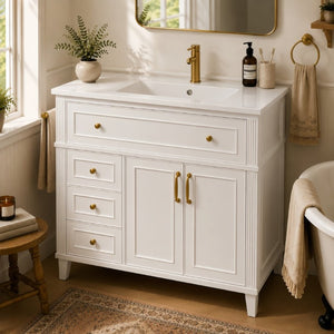 English Elm 36 Inch Freestanding Bathroom Vanity Pine Wood Cabinet with Ceramic Sink Matte Gold White W5271S00007