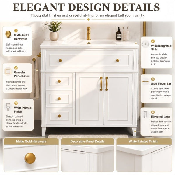 English Elm 36 Inch Freestanding Bathroom Vanity Pine Wood Cabinet with Ceramic Sink Matte Gold White W5271S00007