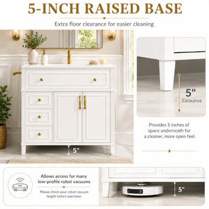 English Elm 36 Inch Freestanding Bathroom Vanity Pine Wood Cabinet with Ceramic Sink Matte Gold White W5271S00007