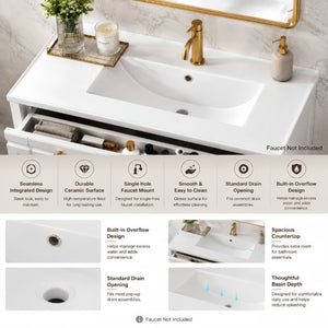English Elm 36 Inch Freestanding Bathroom Vanity Pine Wood Cabinet with Ceramic Sink Matte Gold White W5271S00007