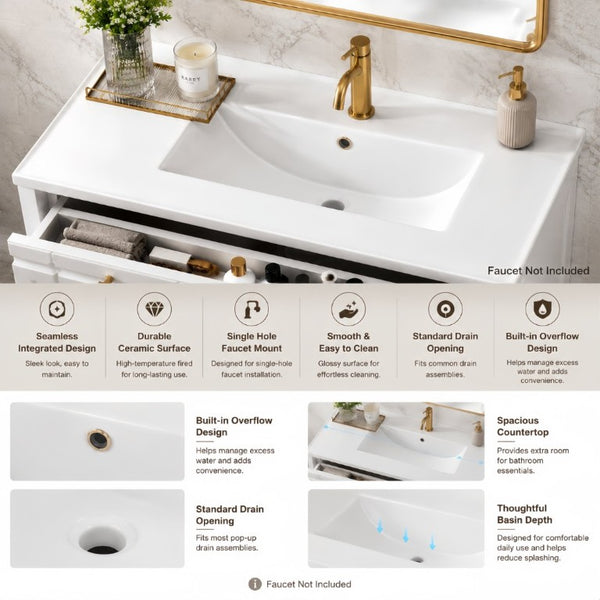 English Elm 36 Inch Freestanding Bathroom Vanity Pine Wood Cabinet with Ceramic Sink Matte Gold White W5271S00007