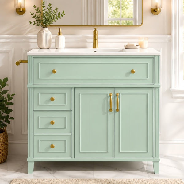 English Elm 36 Inch Freestanding Bathroom Vanity Pine Wood Cabinet with Ceramic Sink Matte Gold Sage Green W5271S00008