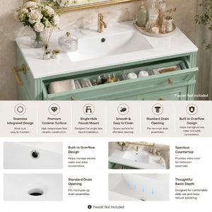 English Elm 36 Inch Freestanding Bathroom Vanity Pine Wood Cabinet with Ceramic Sink Matte Gold Sage Green W5271S00008