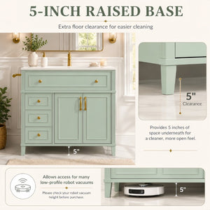 English Elm 36 Inch Freestanding Bathroom Vanity Pine Wood Cabinet with Ceramic Sink Matte Gold Sage Green W5271S00008