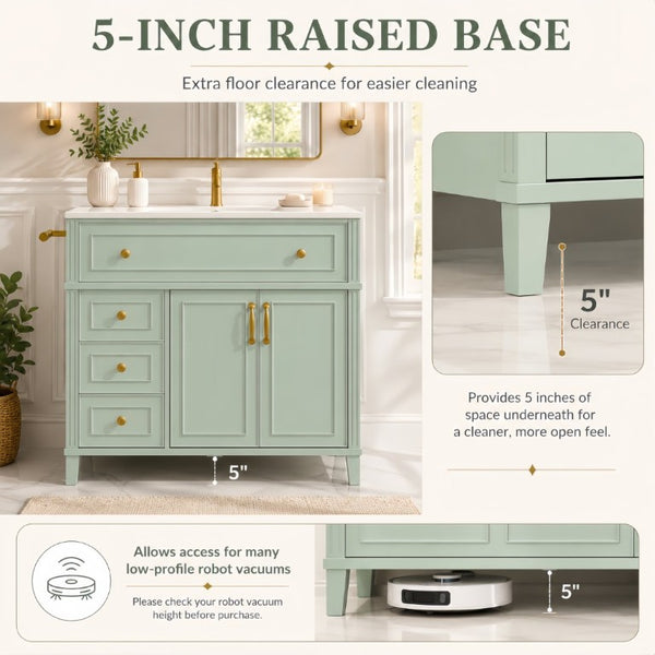 English Elm 36 Inch Freestanding Bathroom Vanity Pine Wood Cabinet with Ceramic Sink Matte Gold Sage Green W5271S00008