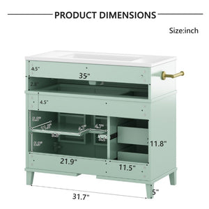 English Elm 36 Inch Freestanding Bathroom Vanity Pine Wood Cabinet with Ceramic Sink Matte Gold Sage Green W5271S00008