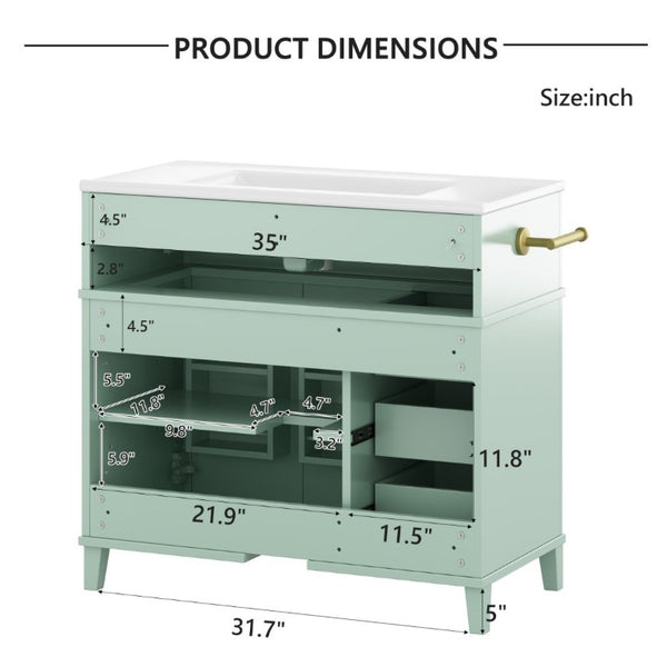 English Elm 36 Inch Freestanding Bathroom Vanity Pine Wood Cabinet with Ceramic Sink Matte Gold Sage Green W5271S00008